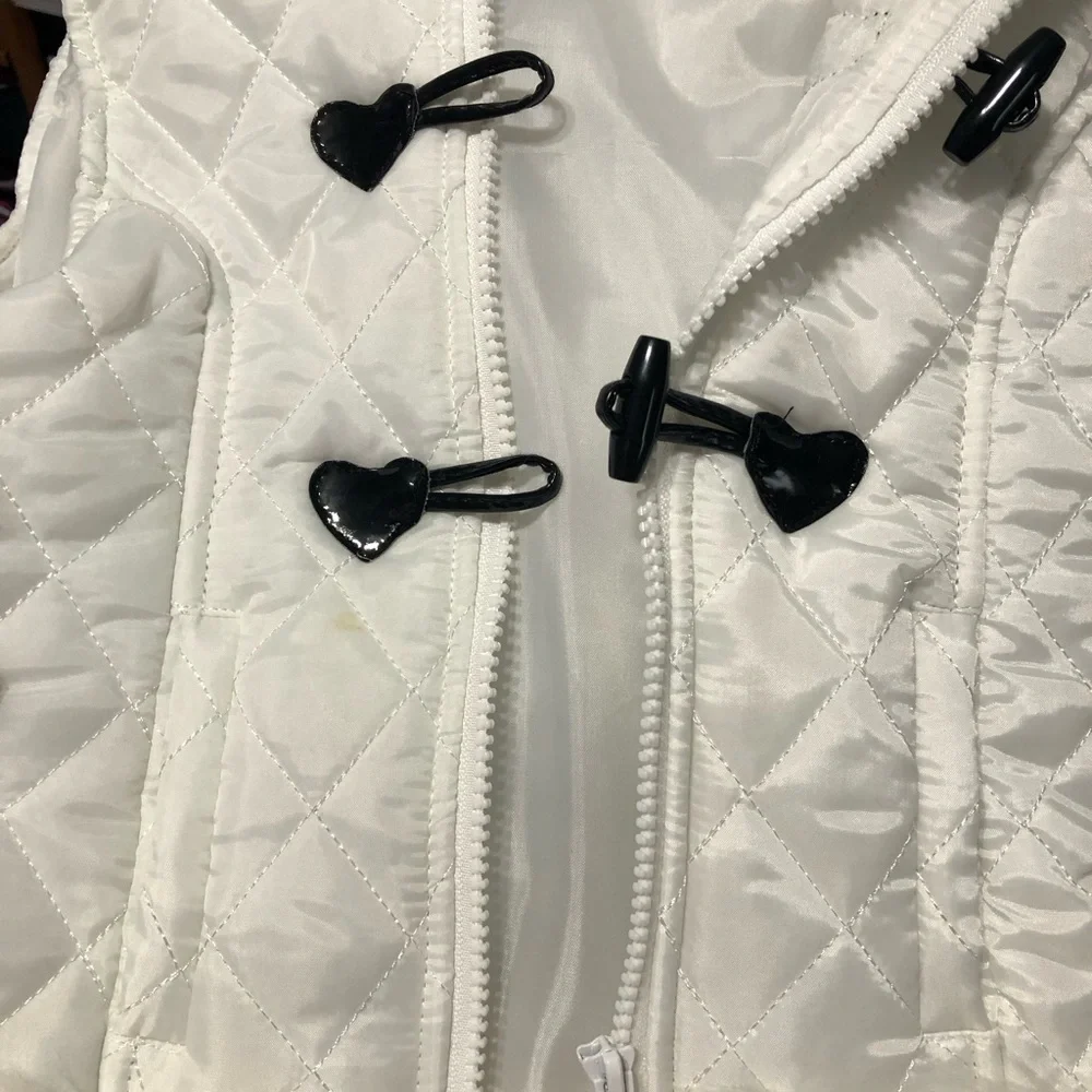 Satin flowers girls faux fur hooded white winter vest patent‎ closure heart sz 5